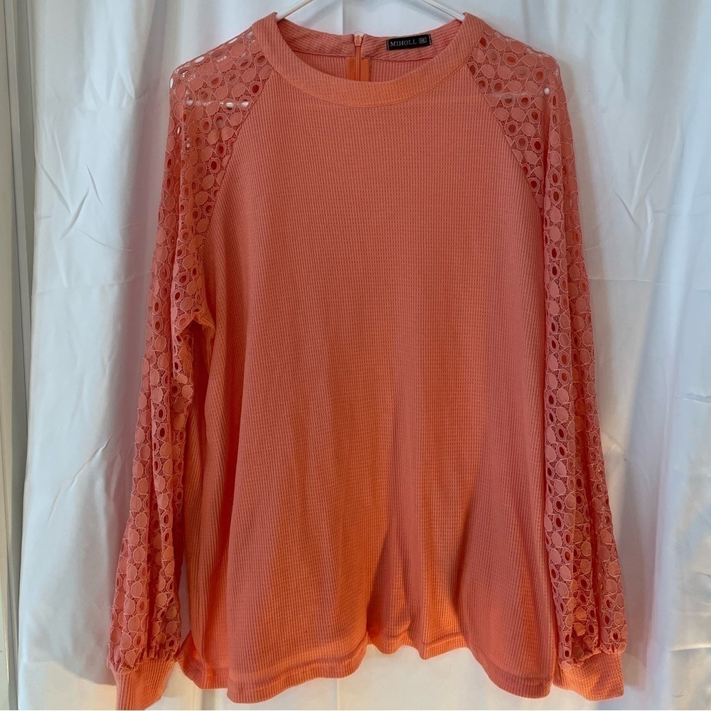 Miholl/ Womens Top Waffle Knit Peach Lace Long Sleeve Thermal Top​​​​​​​​​​​​